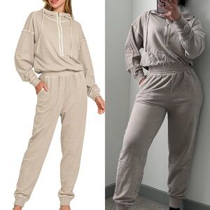 NEW Zenana Ash Mocha French Terry Cotton Hooded Jogger Jumpsuit Size Medium